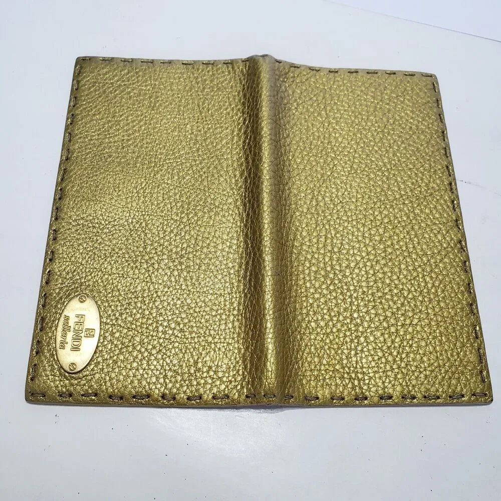 Fendi Selleria Wallet Metalic Gold Pebble Leather Wallet Bifold‎ Large Logo Glam